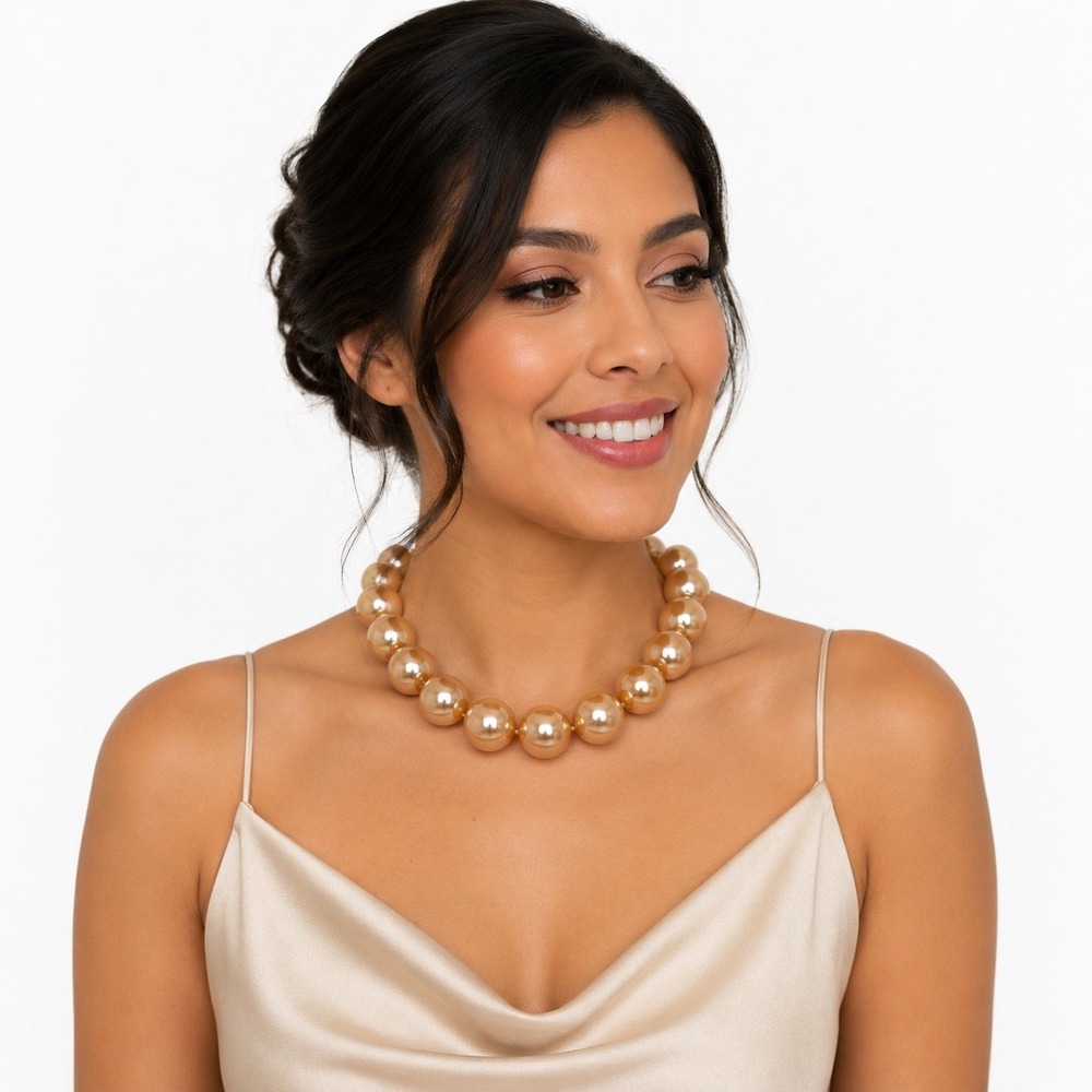 Champagne Faux Pearl‎ Choker Necklace Oversized Beaded Silver Tone Clasp 103-181